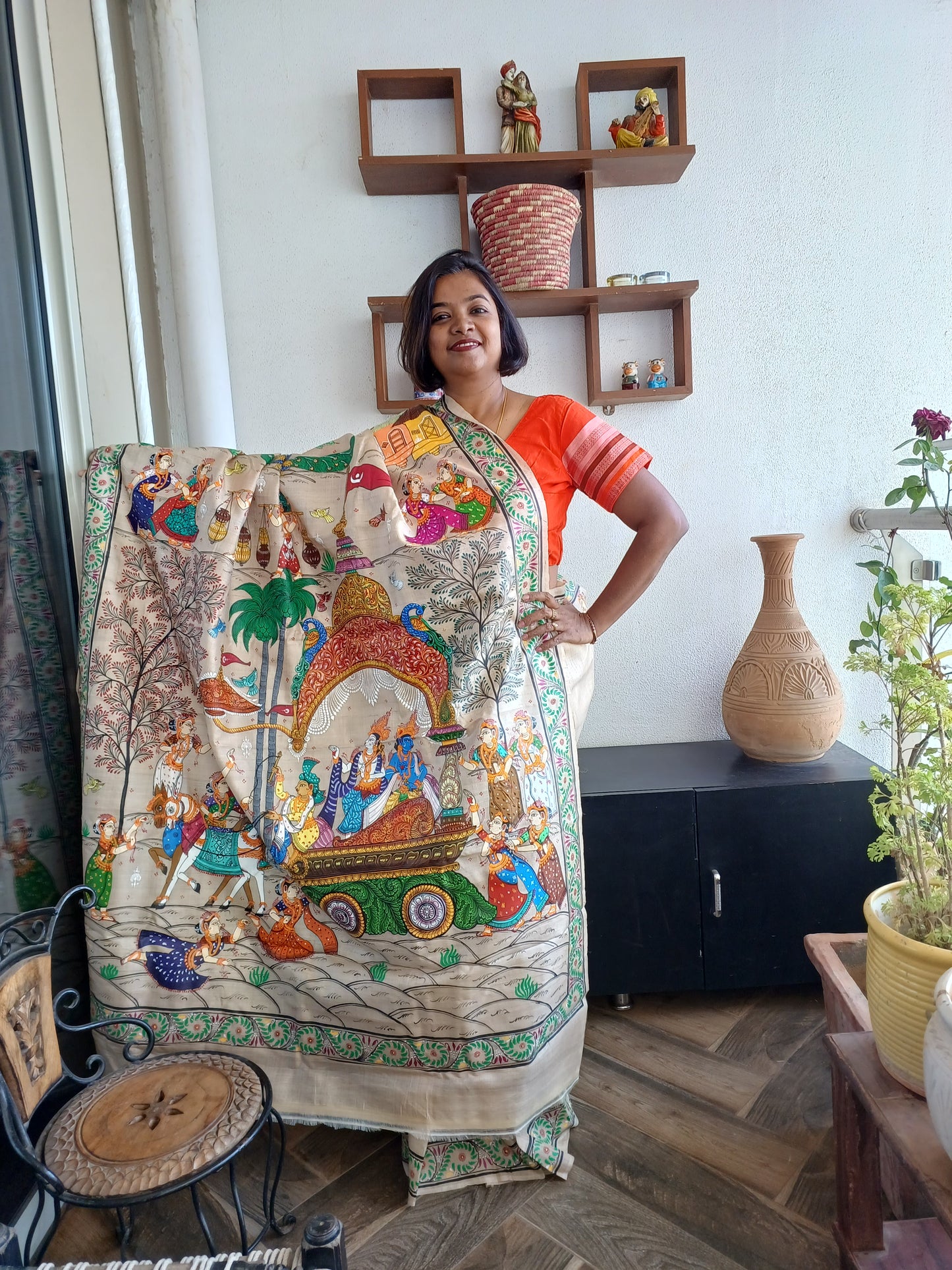 Advaita Handicrafts Pure Handwoven tassar silk – Hand Painted Patachitra Saree – Krishna Mathura Gaman.