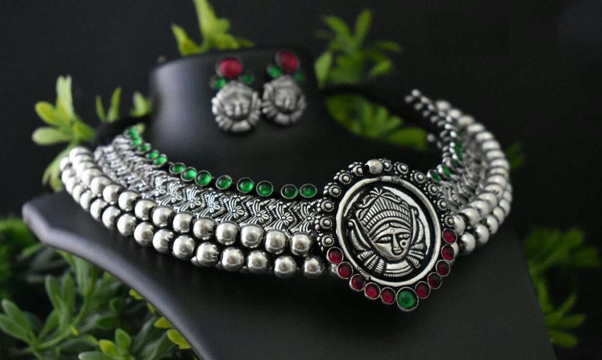 Advaita Handicrafts german silver heavy choker - Temple Jewelery.