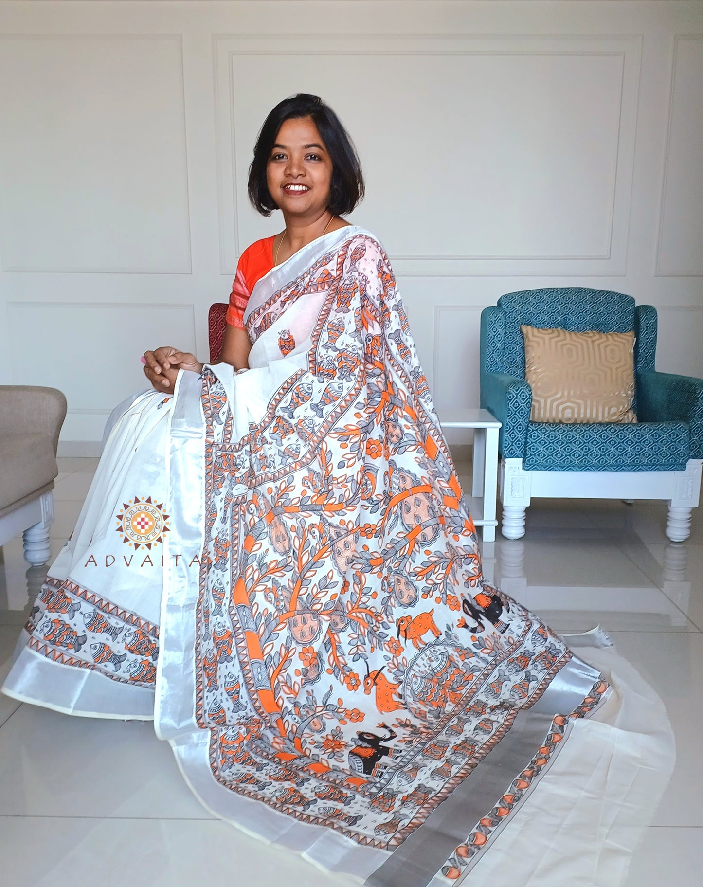 Advaita Handicrafts hand painted Madhubani Saree - Click for variety.