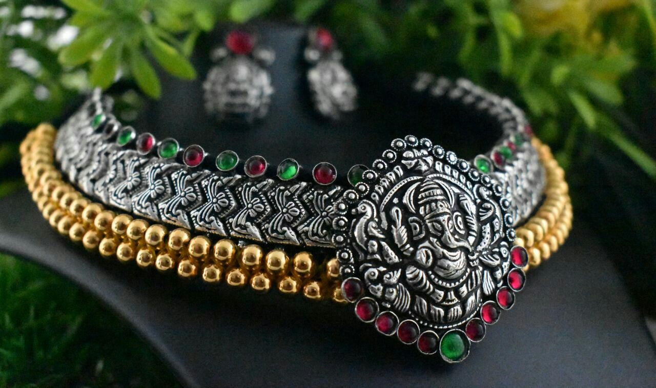 Advaita Handicrafts german silver heavy choker - Temple Jewelery.