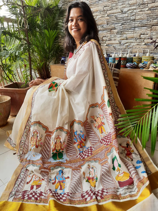 Advaita Handicrafts hand painted Patachitra saree - Vishnu Dashavtaar.