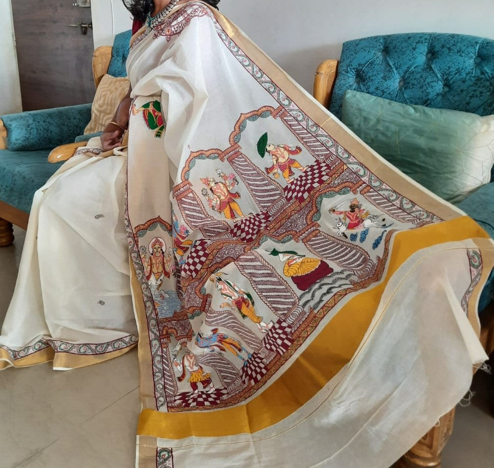 Advaita Handicrafts hand painted Patachitra saree - Vishnu Dashavtaar.