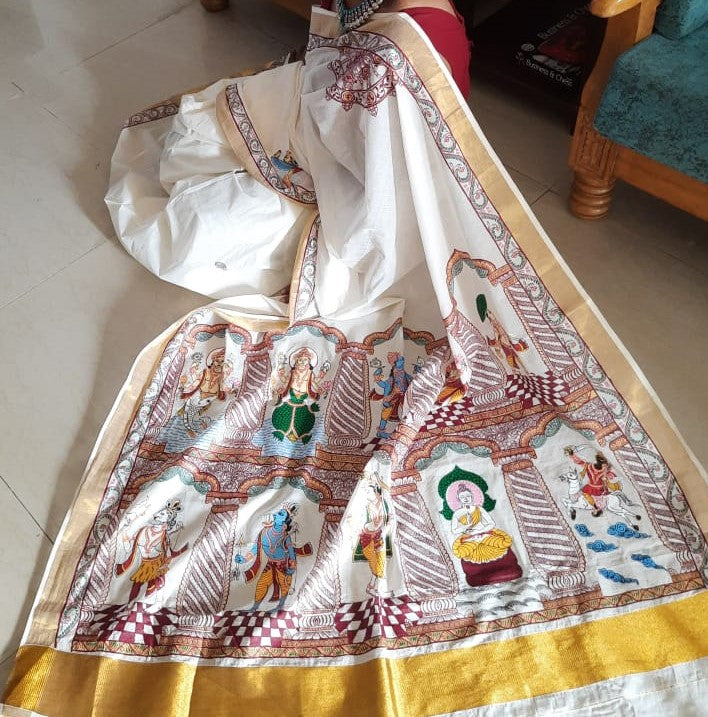 Advaita Handicrafts hand painted Patachitra saree - Vishnu Dashavtaar.