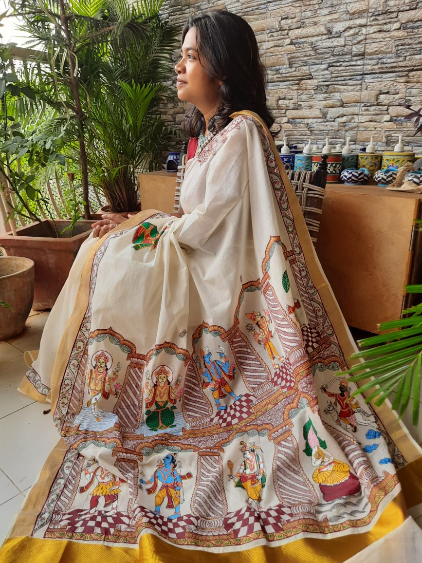 Advaita Handicrafts hand painted Patachitra saree - Vishnu Dashavtaar.
