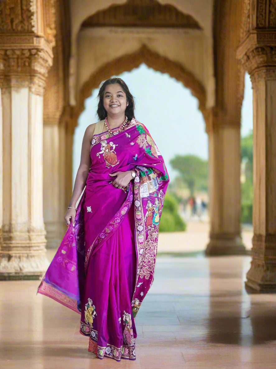 Pure Handspun Silk – Hand Painted Patachitra Saree – Raja Rani theme