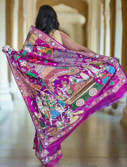 Pure Handspun Silk – Hand Painted Patachitra Saree – Raja Rani theme