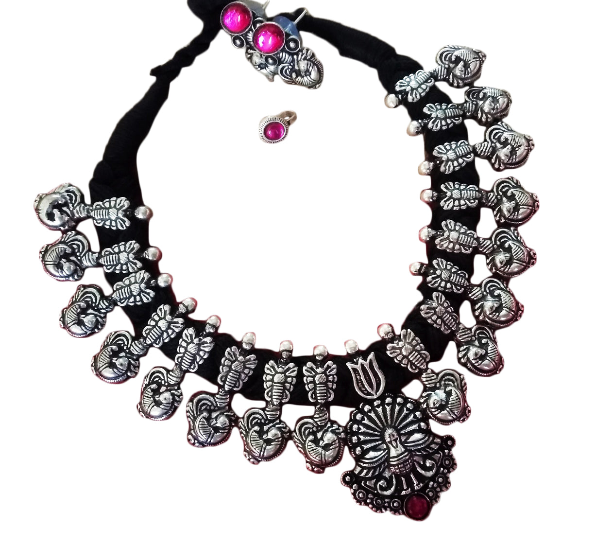 German silver Peacock thread Necklace Set - Click for colors.