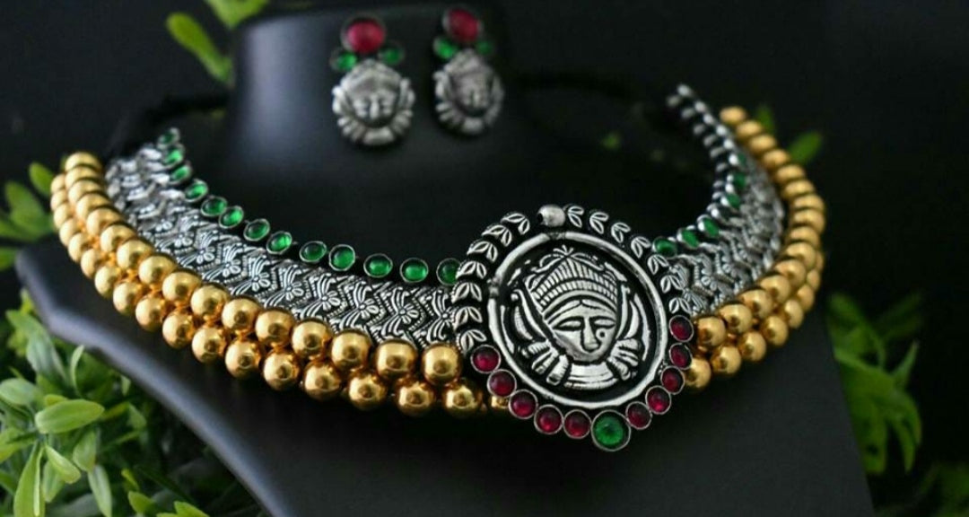 Advaita Handicrafts german silver heavy choker - Temple Jewelery.
