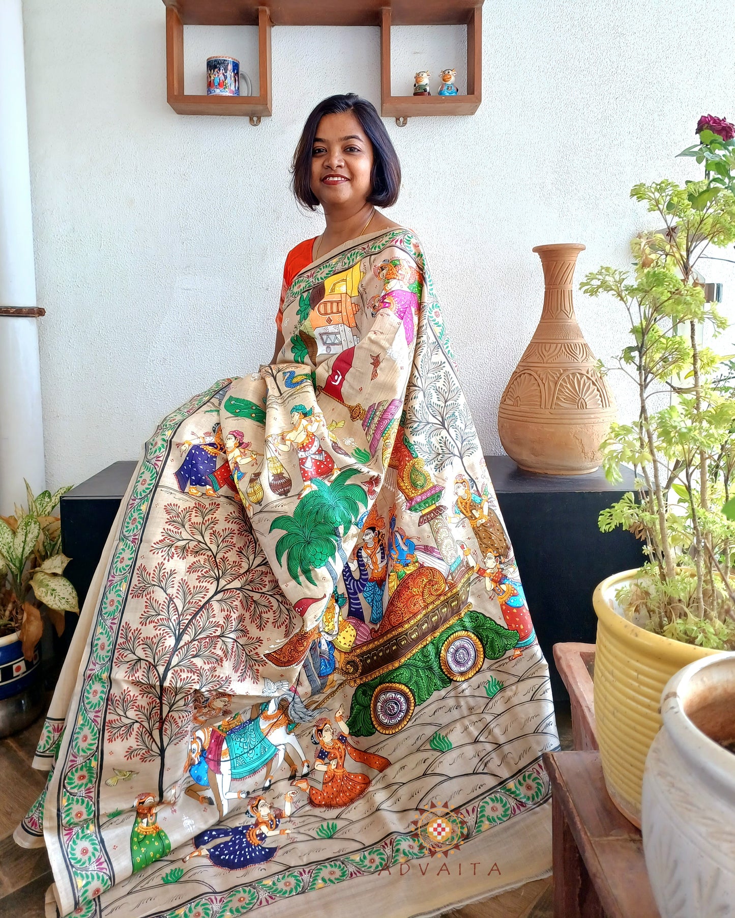 Pure Handwoven hand-painted tassar silk Patachitra Saree – Krishna Mathura Gaman