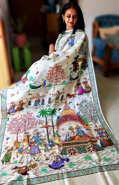 Advaita Handicrafts Pure Handspun Silk – Hand Painted Patachitra Saree – Krishna Mathura Gaman