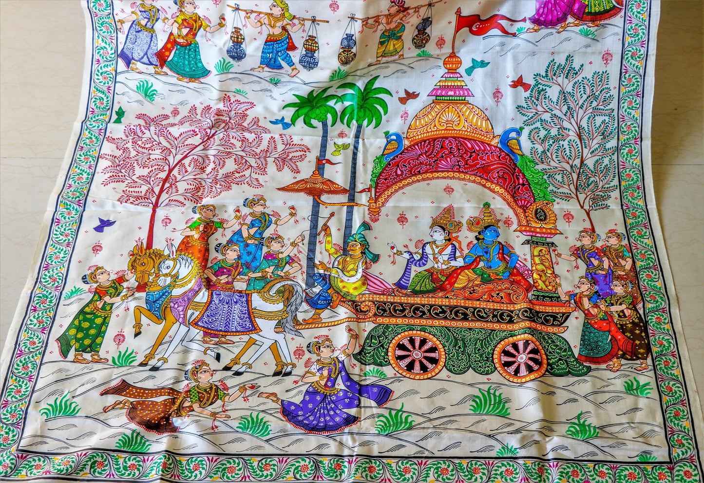 Advaita Handicrafts Pure Handwoven tassar silk – Hand Painted Patachitra Saree – Krishna Mathura Gaman.