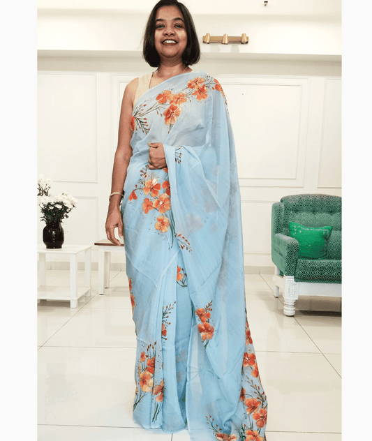 GULMOHAR - Handpainted Floral Organza Saree - Grey