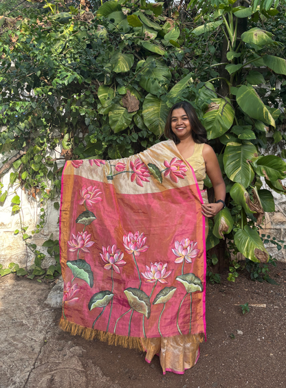 Gold & Pink Tissue Handloom Upada Saree – Hand-painted Lotus Blooms