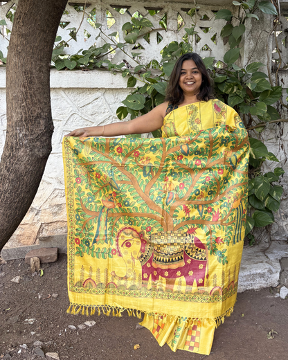 Hand-Painted Madhubani Yellow Tassar Silk Saree - Elepant & Tree Of Life