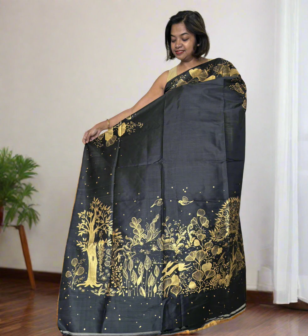 Mulberry Silk Jungle Theme Saree - Black & Golden Elegance.
