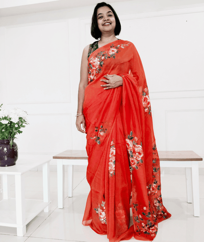 LAAL - Handpainted Floral Organza Saree - RUST