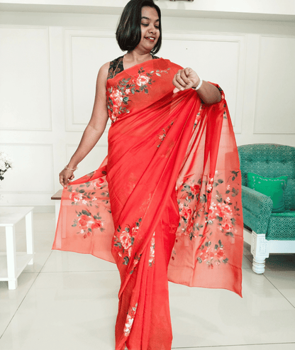 LAAL - Handpainted Floral Organza Saree - RUST