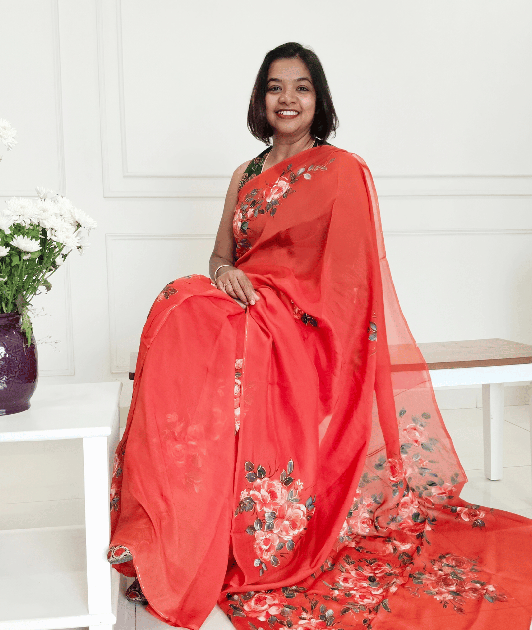 LAAL - Handpainted Floral Organza Saree - RUST