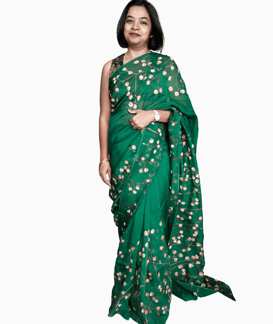 ROSE BUD- Handpainted Floral Organza Saree - Green