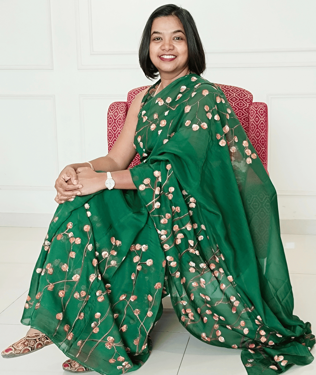 ROSE BUD- Handpainted Floral Organza Saree - Green