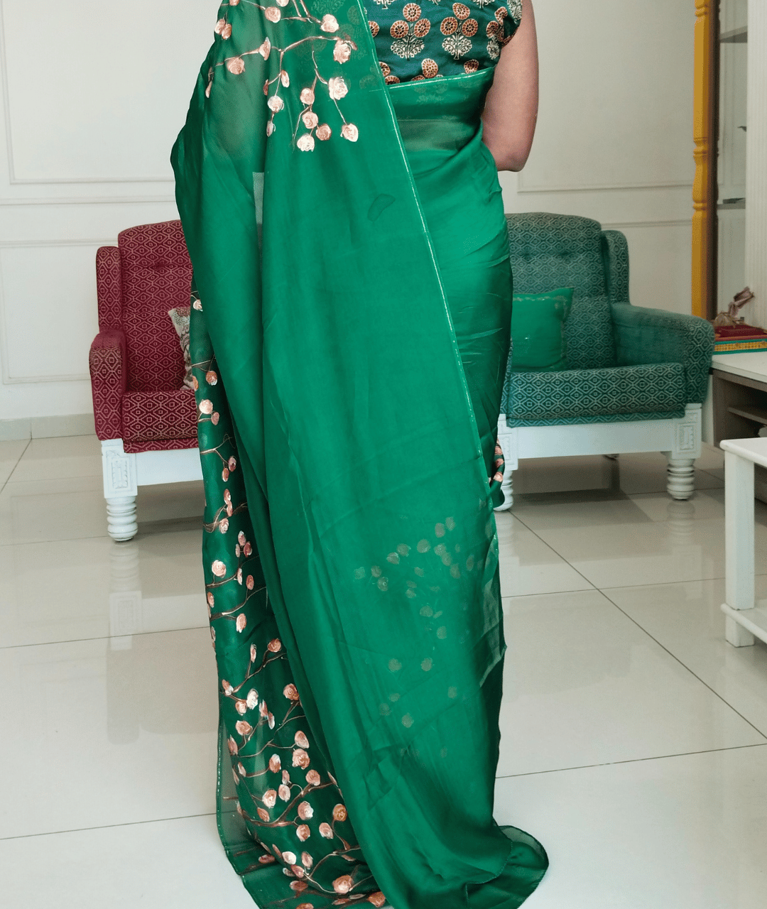 ROSE BUD- Handpainted Floral Organza Saree - Green