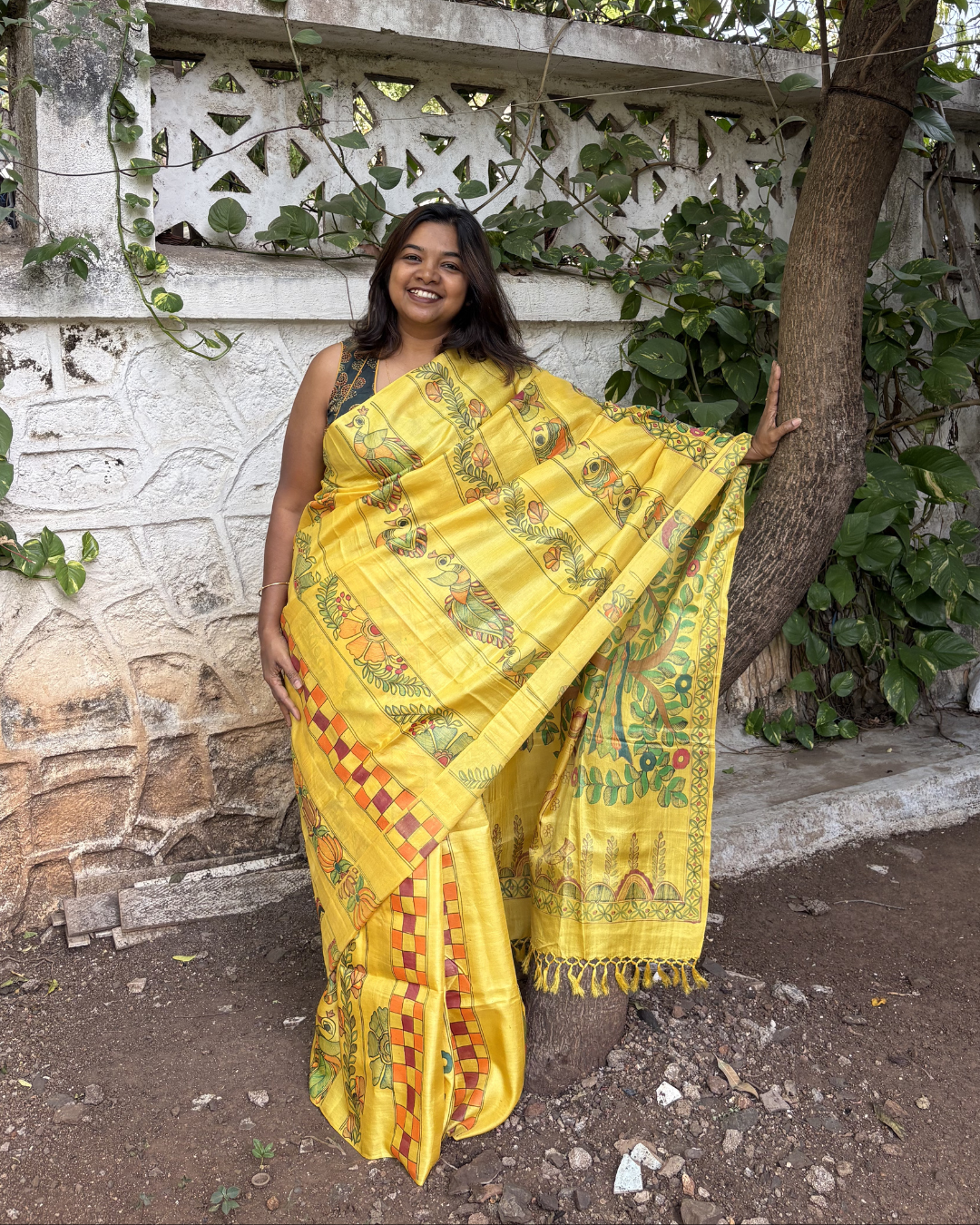 Hand-Painted Madhubani Yellow Tassar Silk Saree - Elepant & Tree Of Life