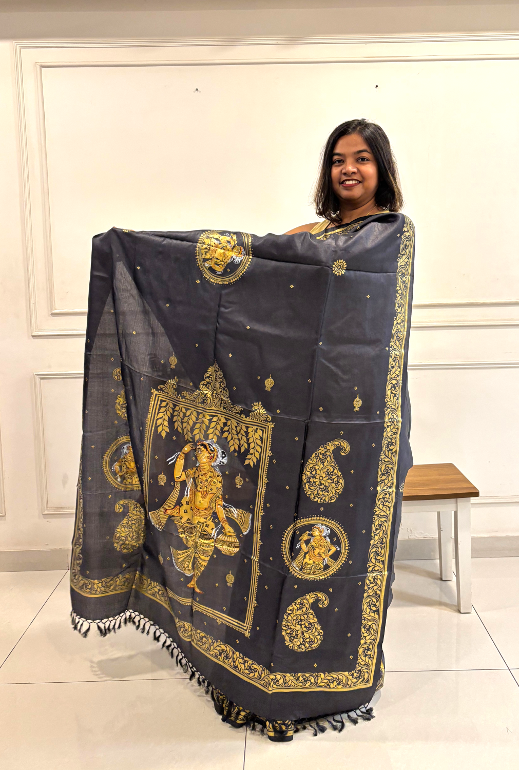 Black and Gold Tassar Silk Dancer Hand-painted Patachitra Saree