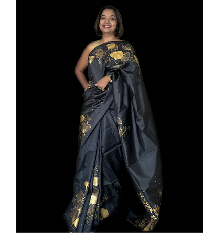 Mulberry Silk Jungle Theme Saree - Black & Golden Elegance.