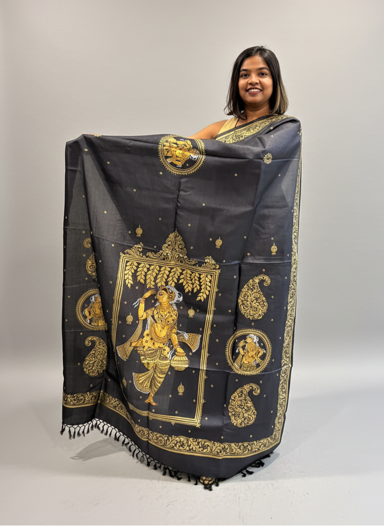 Black and Gold Tassar Silk Dancer Hand-painted Patachitra Saree