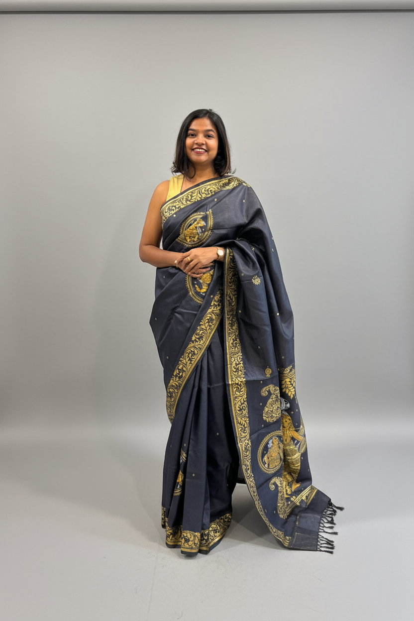 Black and Gold Tassar Silk Dancer Hand-painted Patachitra Saree