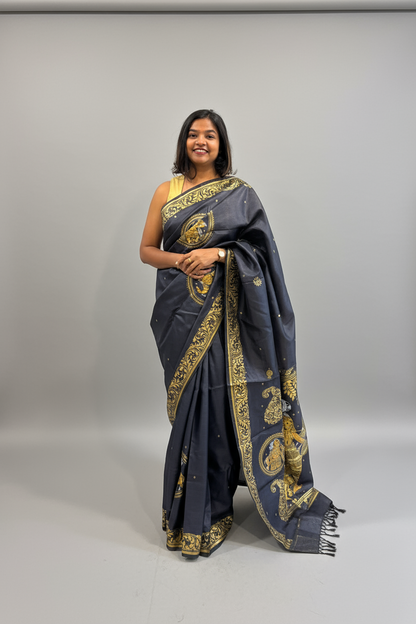Black and Gold Tassar Silk Dancer Hand-painted Patachitra Saree