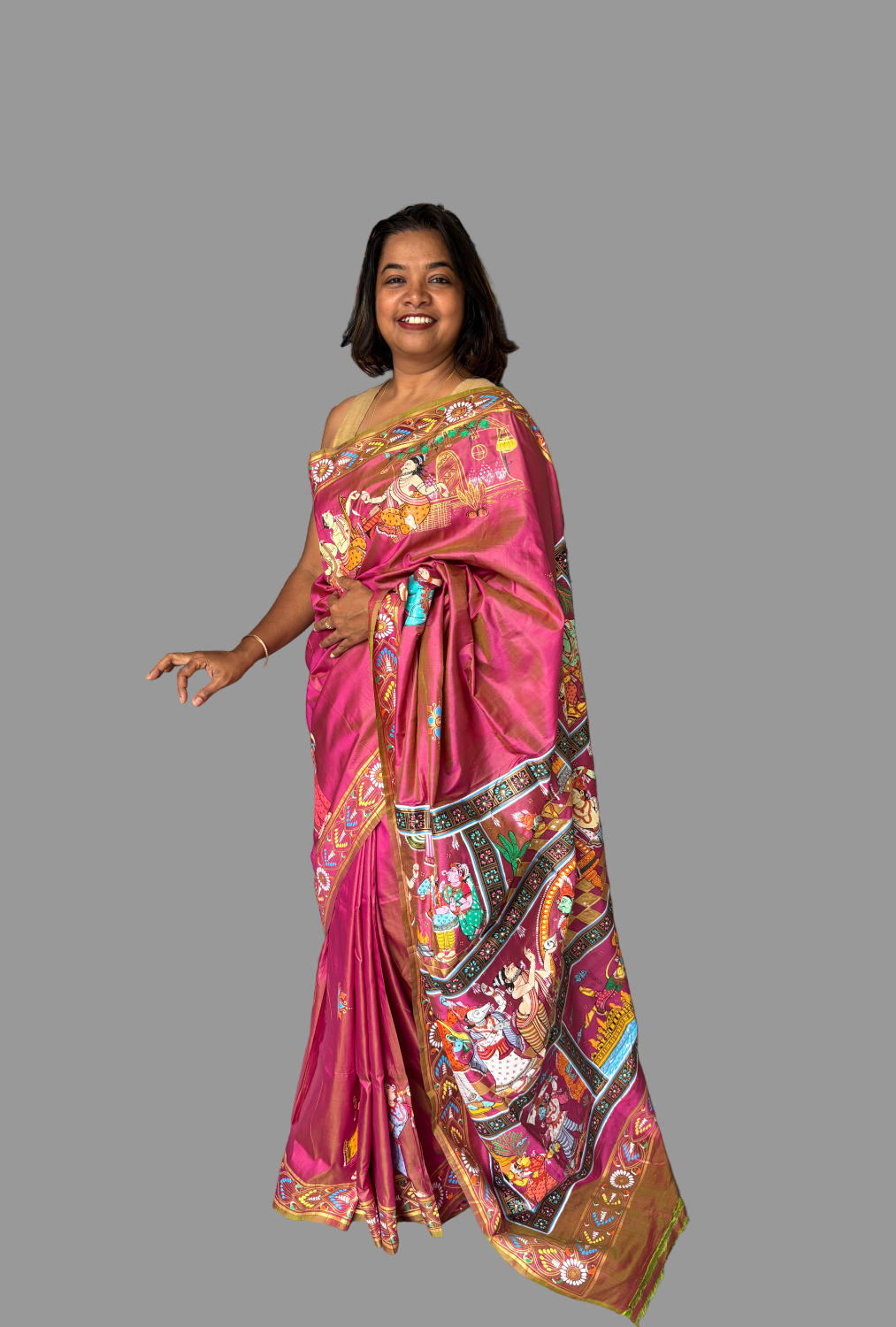 Dual Color Mulberry Silk Ramayana Hand-painted Saree