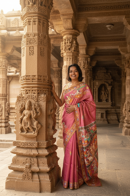 Dual Color Mulberry Silk Ramayana Hand-painted Saree