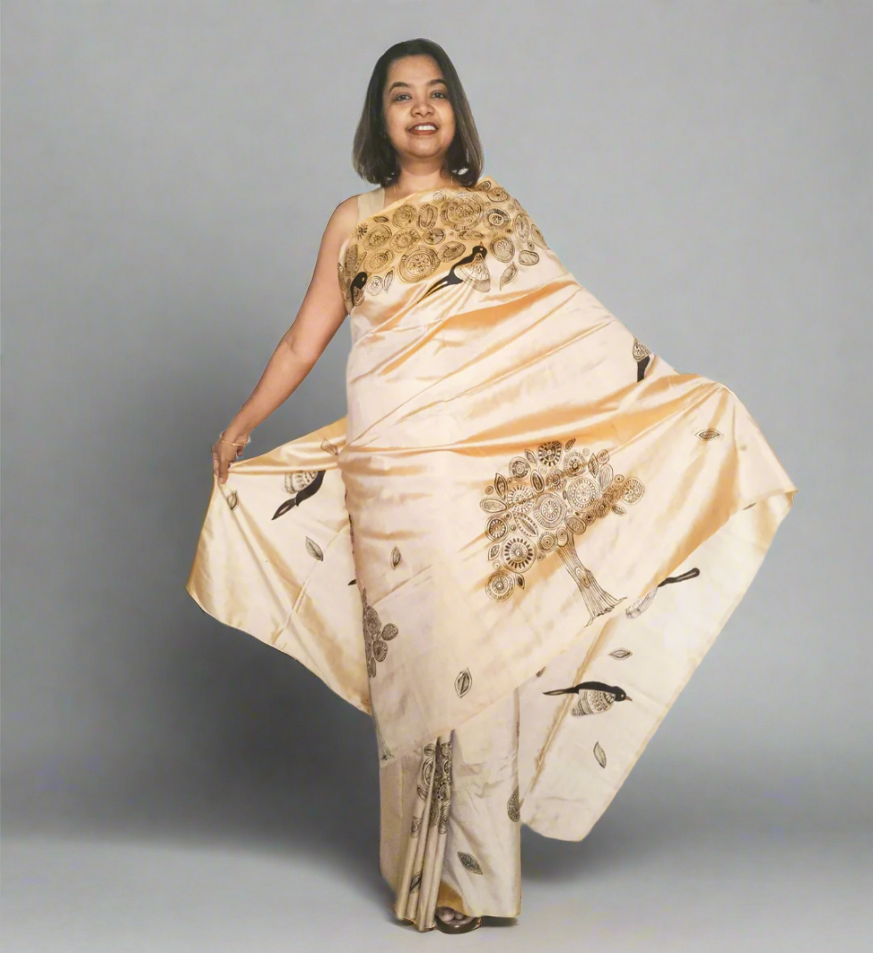 Bird Theme Khakhi/ Beige Silk Saree