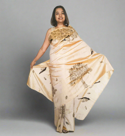 Bird Theme Khakhi/ Beige Silk Saree