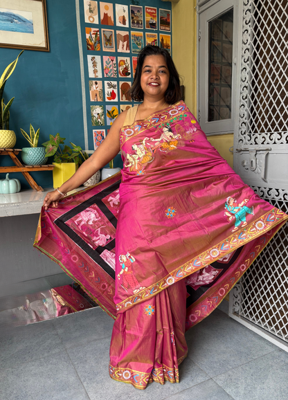 Dual Color Mulberry Silk Ramayana Hand-painted Saree