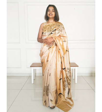 Bird Theme Khakhi/ Beige Silk Saree