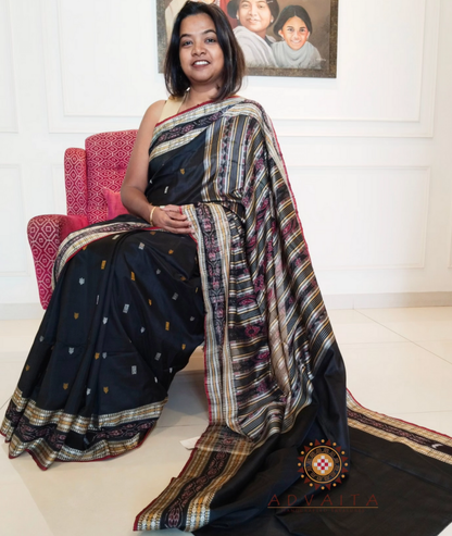 Bomkai Mulberry Silk Saree - Black.