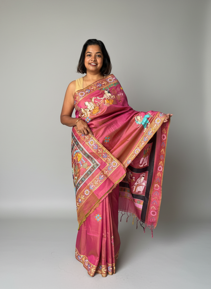 Dual Color Mulberry Silk Ramayana Hand-painted Saree