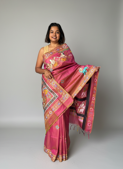 Dual Color Mulberry Silk Ramayana Hand-painted Saree