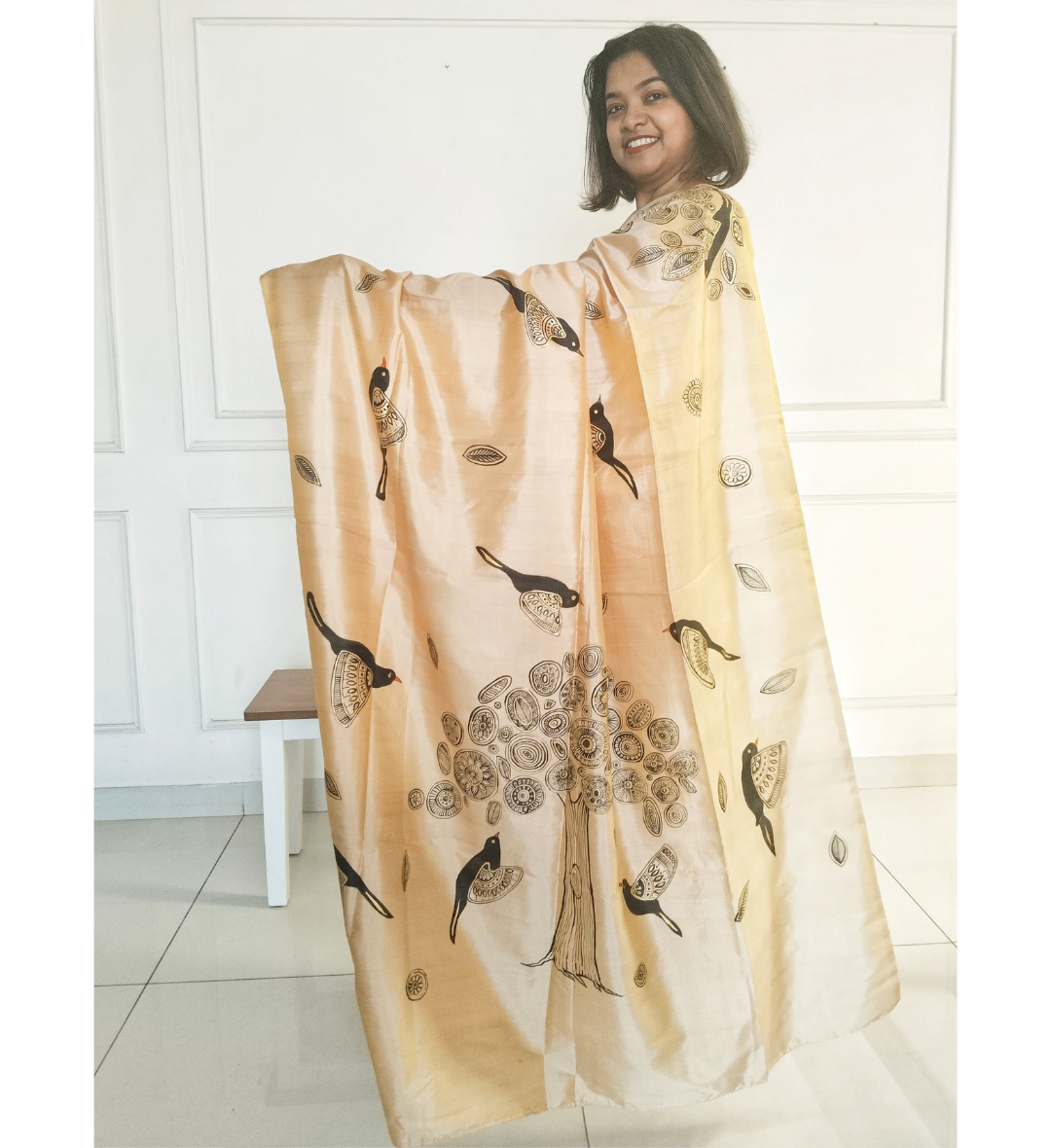 Bird Theme Khakhi/ Beige Silk Saree