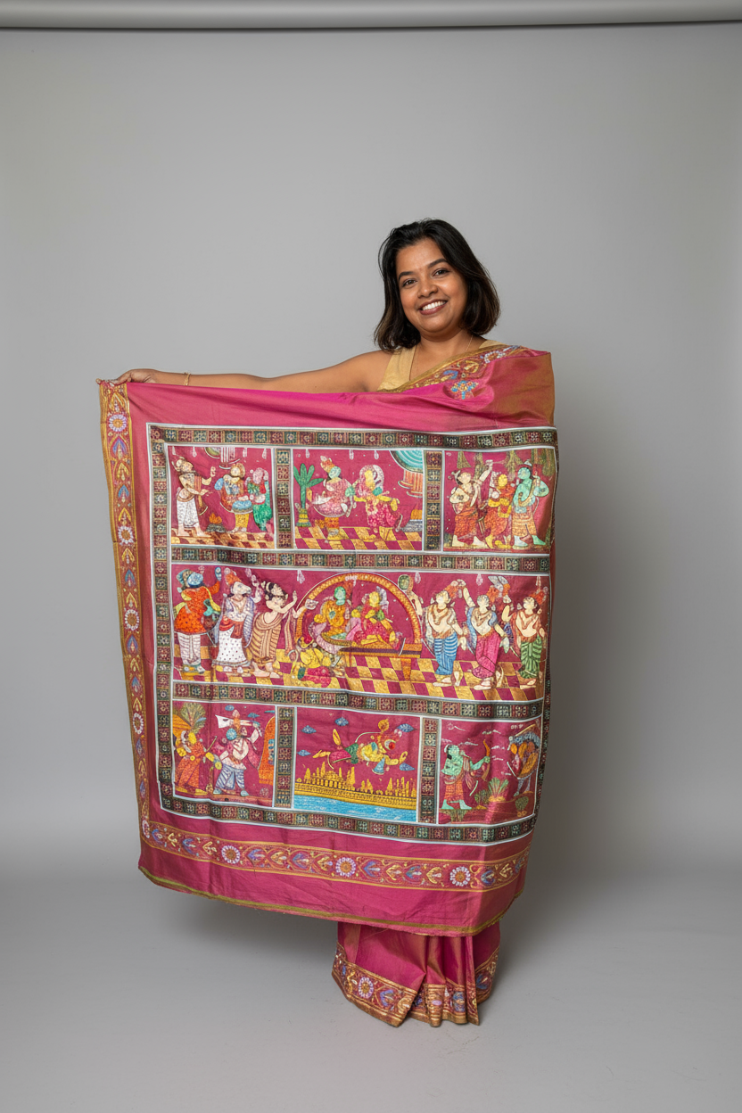 Dual Color Mulberry Silk Ramayana Hand-painted Saree