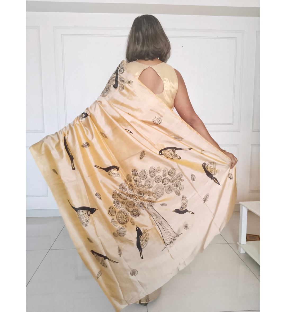Bird Theme Khakhi/ Beige Silk Saree