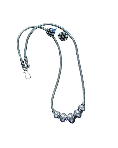 Oxidised German Silver Textured Bead Chain Necklace with Earrings