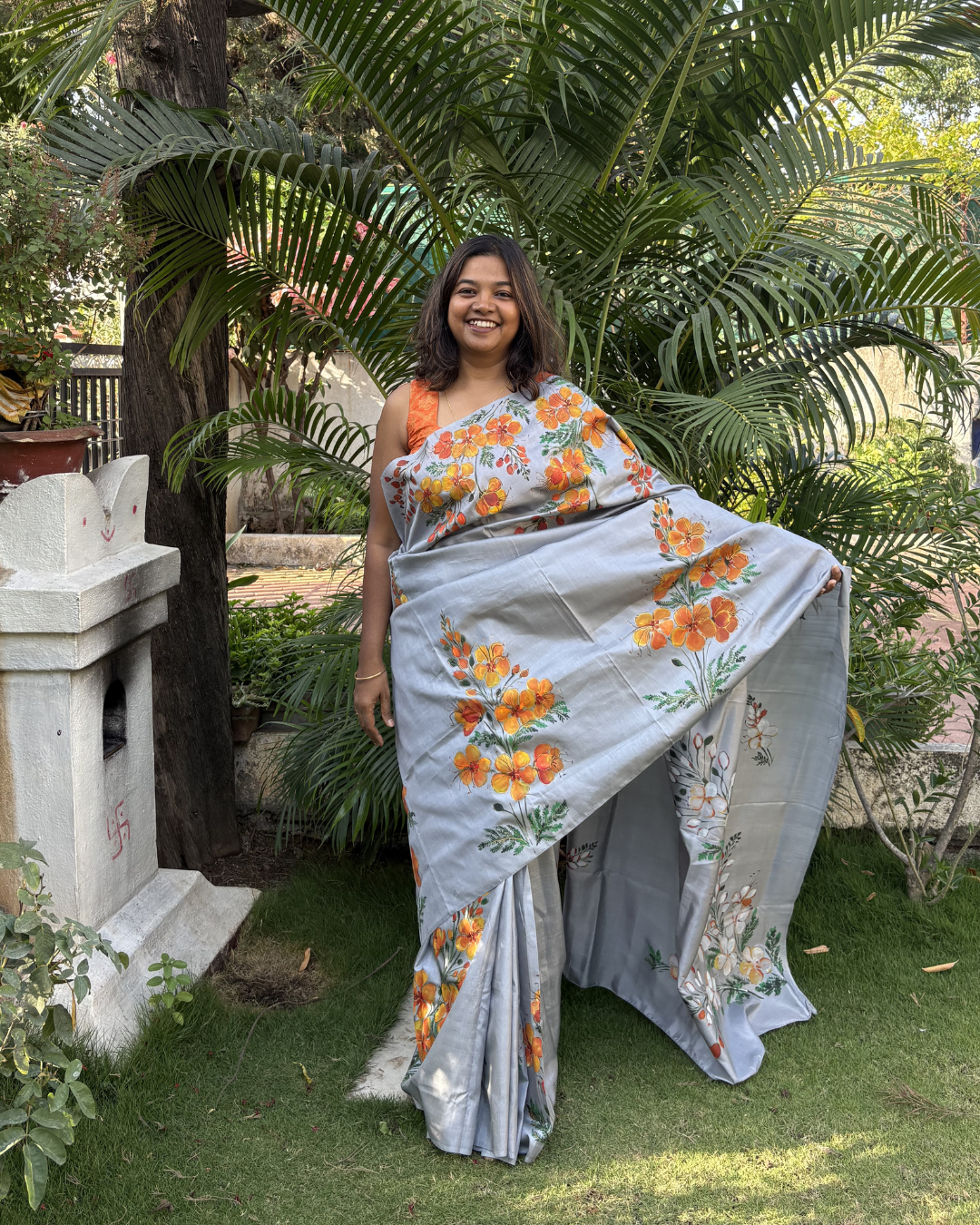 Gulmohar Bloom Hand-Painted Mulberry Silk Saree