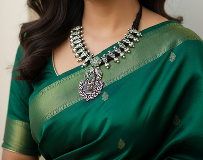 Oxidised German Silver Thread Necklace (Lakshmi Motif) with Earrings