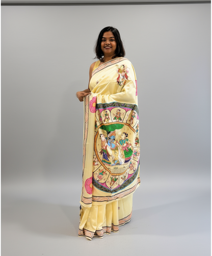 Krishna Raasleela in Silk Cotton - Multicolored Patachitra Hand-painted Designer Saree