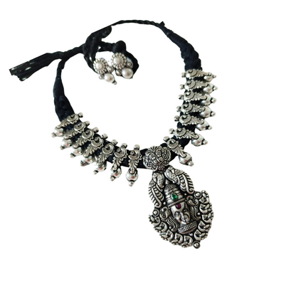 Oxidised German Silver Thread Necklace (Lakshmi Motif) with Earrings