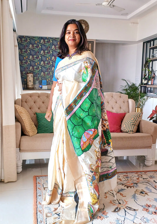 Krishna Raasleela Patachitra Saree - Multicolored on pure tassar silk