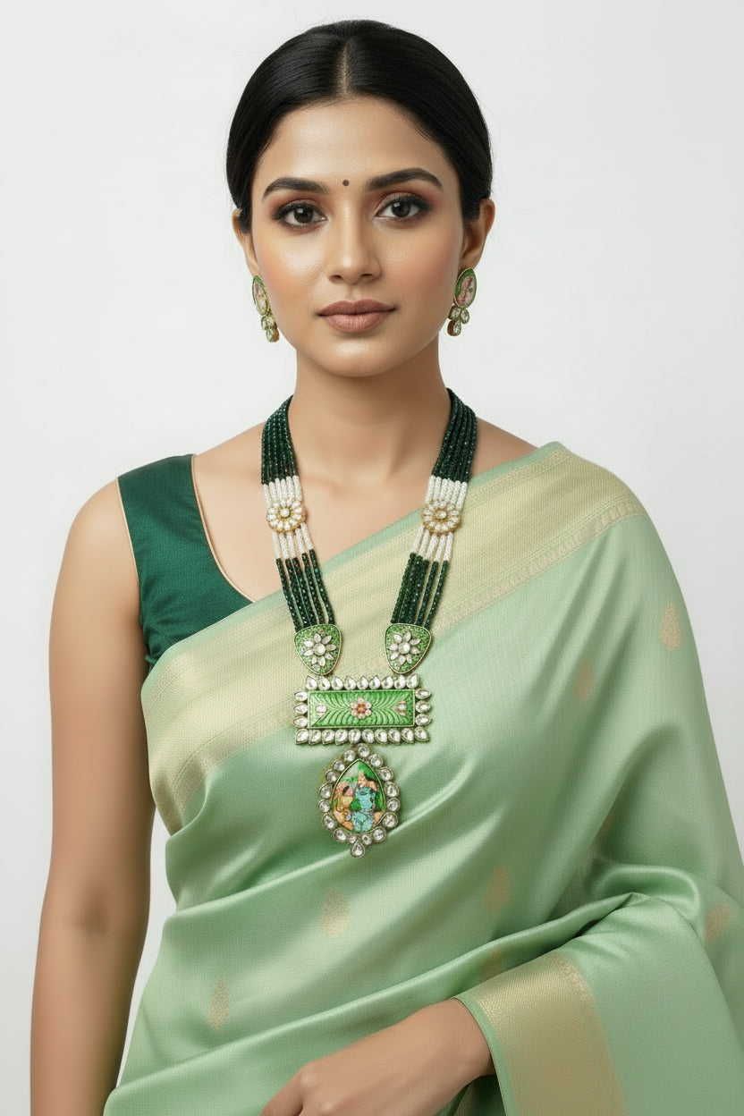 Meenakari Green Beaded Statement Necklace Set with Hand-Painted Pendant and Earrings